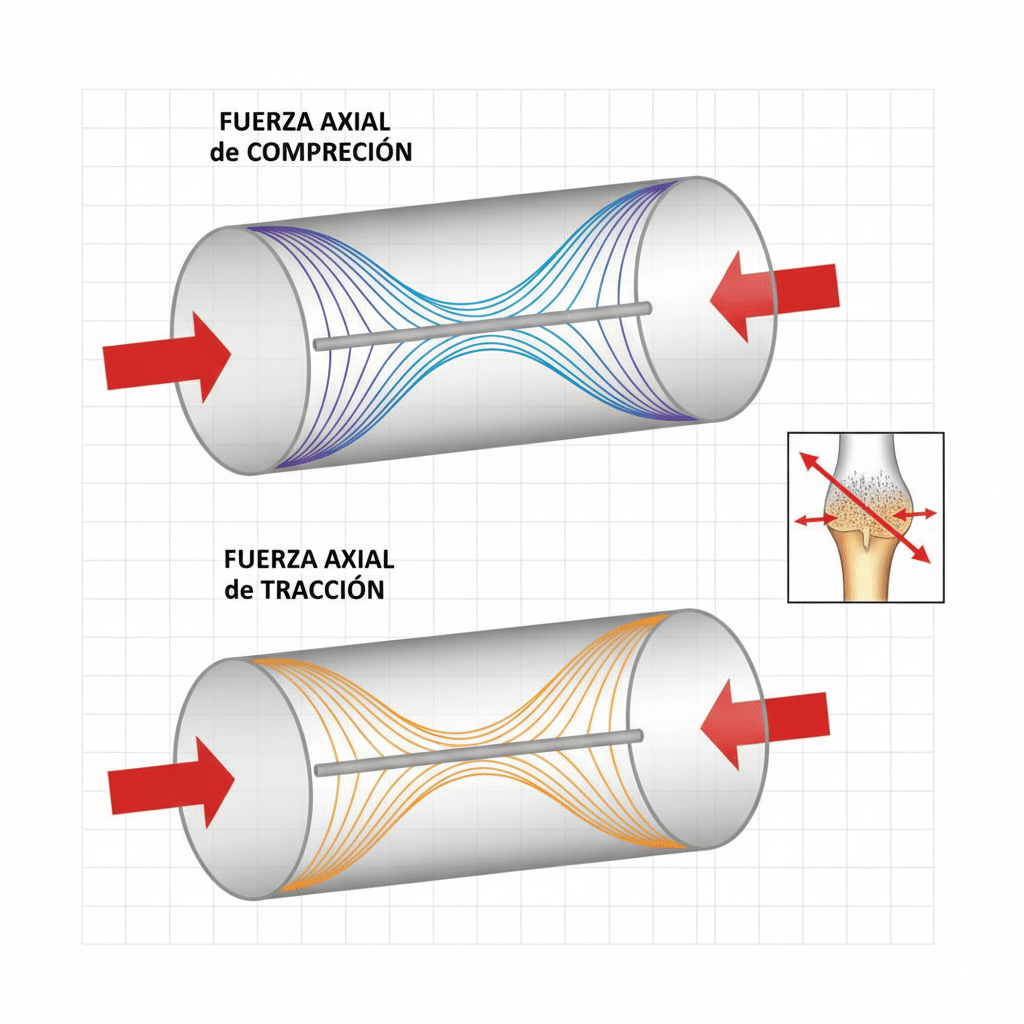 La fuerza axial se define como aquella fuerza interna que actúa a lo largo del eje longitudinal de un elemento estructural,